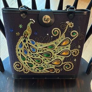 Edna Collinsesque Elegant Black Peacock Embellished Handbag